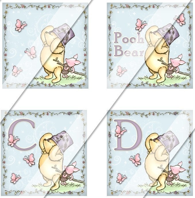 NEW - CLASSIC WINNIE THE POOH LETTERS AND MORE - One Inch Squares Inchie Digital Collage Sheet FOR MAGNETS BUTTONS GLASS AND WOOD PENDANT TILES 1 Inch