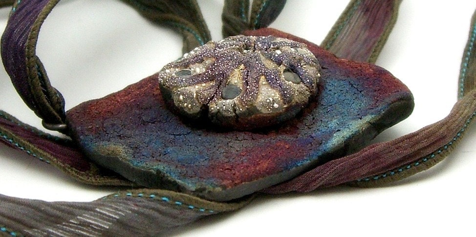 Ammonite Raku Fired Ceramic Pendant Raku Jewelry Handmade   by MAKUstudio