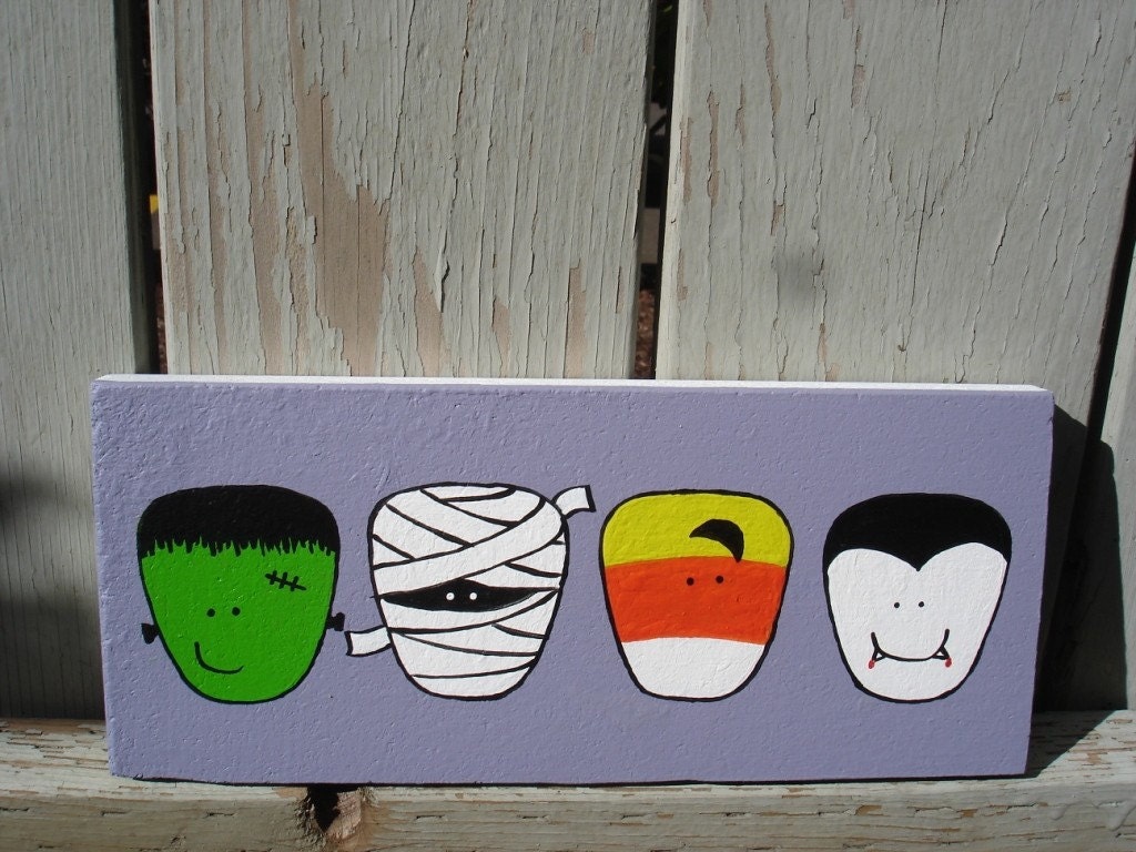 Spooky Halloween Foursome - original painting on upcycled wood