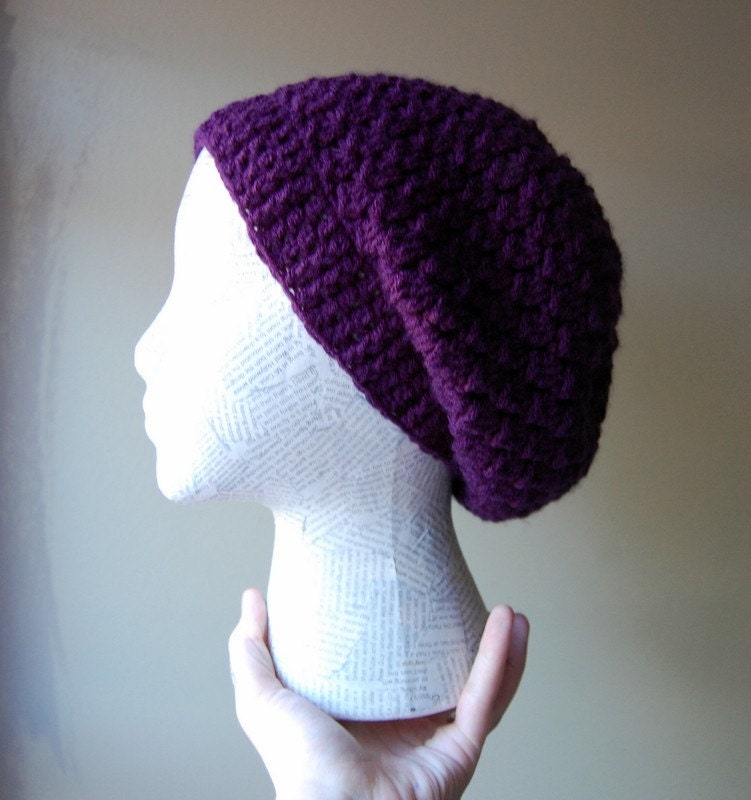 RESERVED FOR VagabondButtons crocheted dark purple slouchy hat