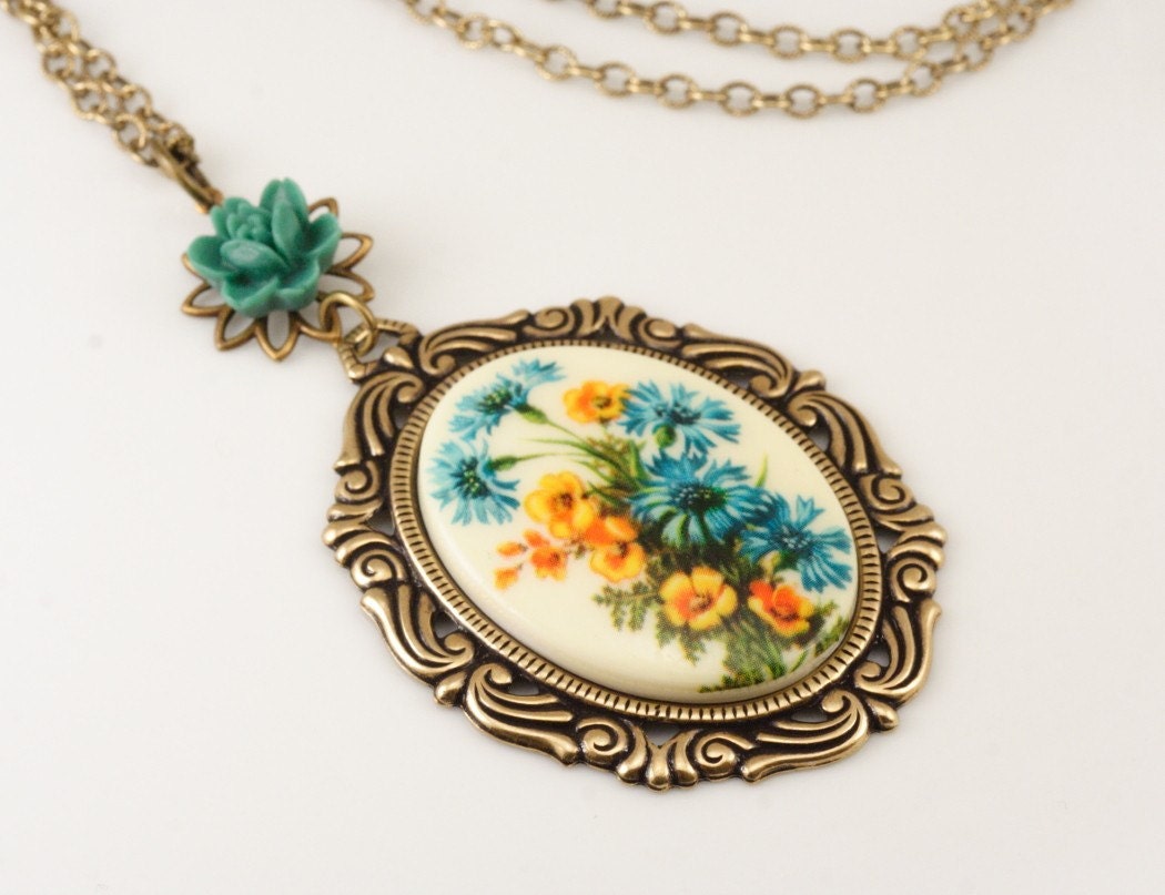 Free Shipping - Vintage Blue and Yellow Floral Cameo Necklace