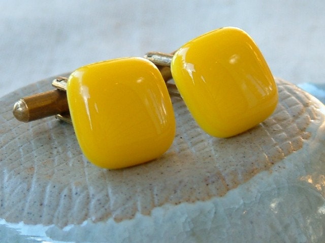 canary yellow cuff links - fused glass
