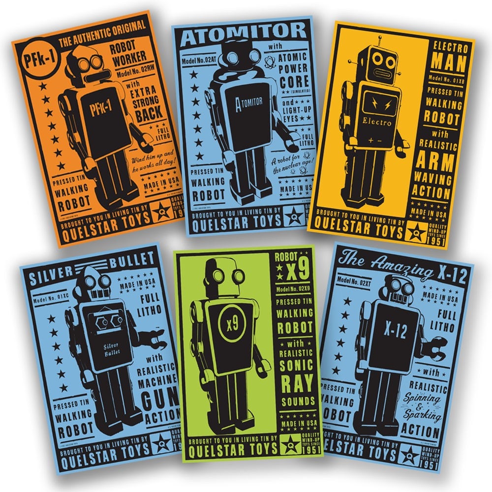 The Quelstar Six - Set of 6 Robot Box Art Illustrations 8 in x 12 in