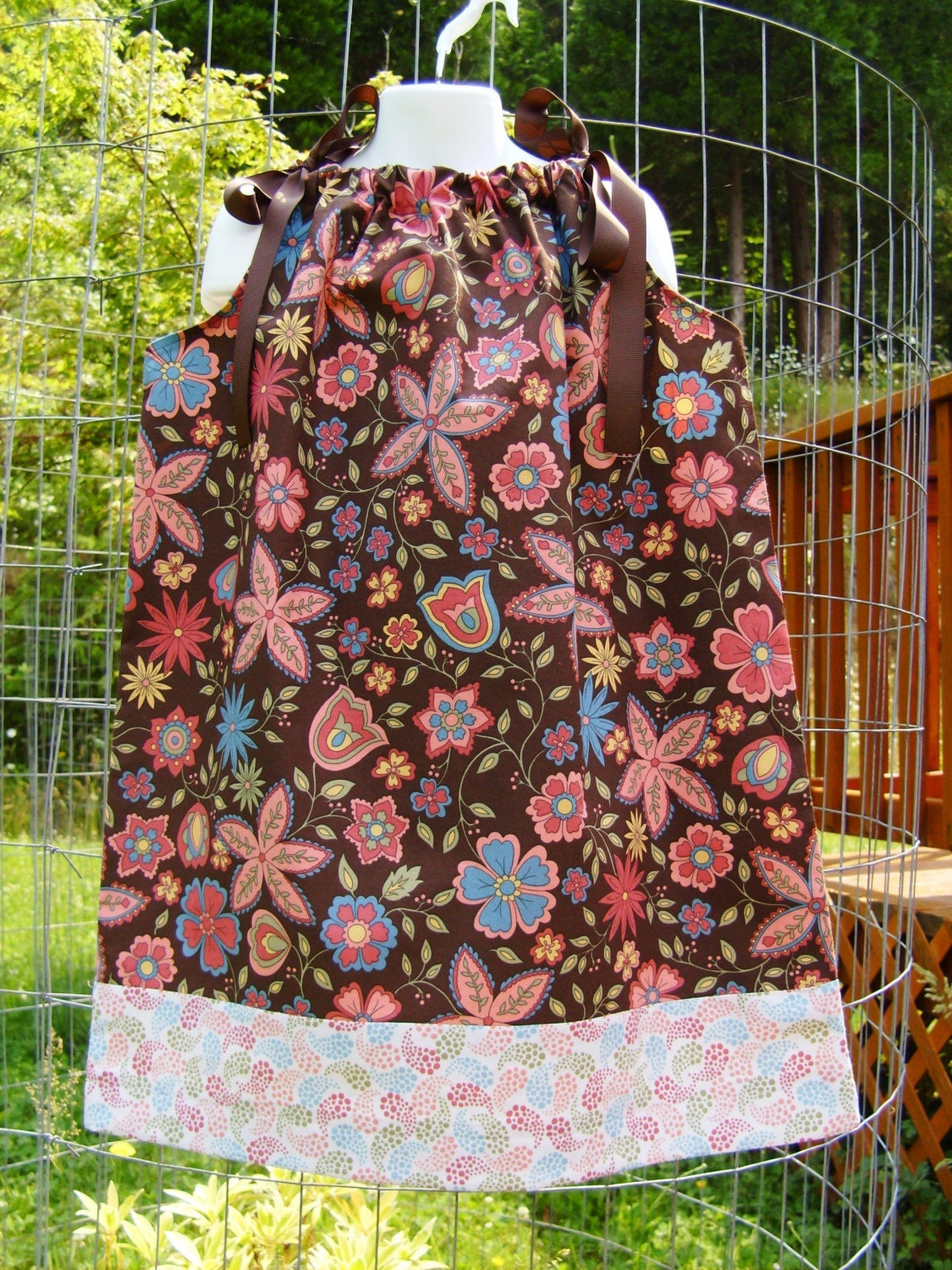 Chocolate Floral Garden with Paisley Border Girls Pillowcase Dress 12 mos 18 mos 2T 3T 4 5 6