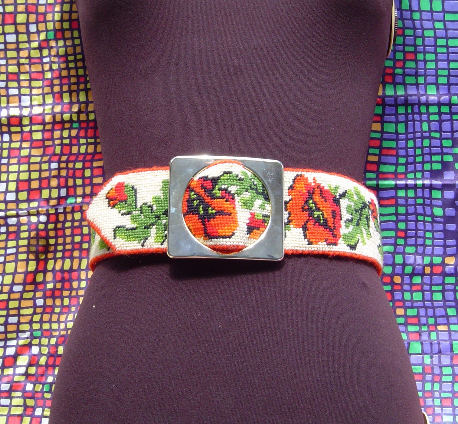 Vintage Hand Embroidered Orange Floral  Belt 