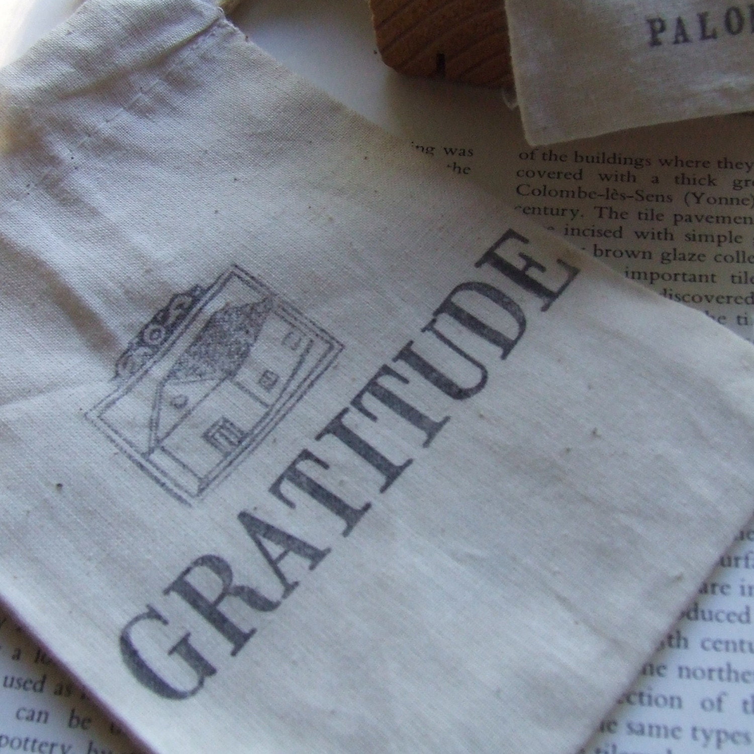 GRATITUDE gift bag in natural cotton with handstamped text 