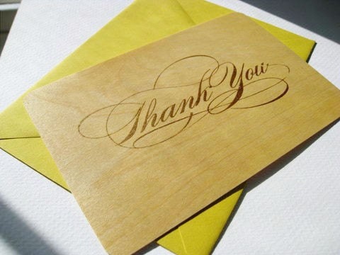 Gold 'Thank You' wooden card w/yellow envelope