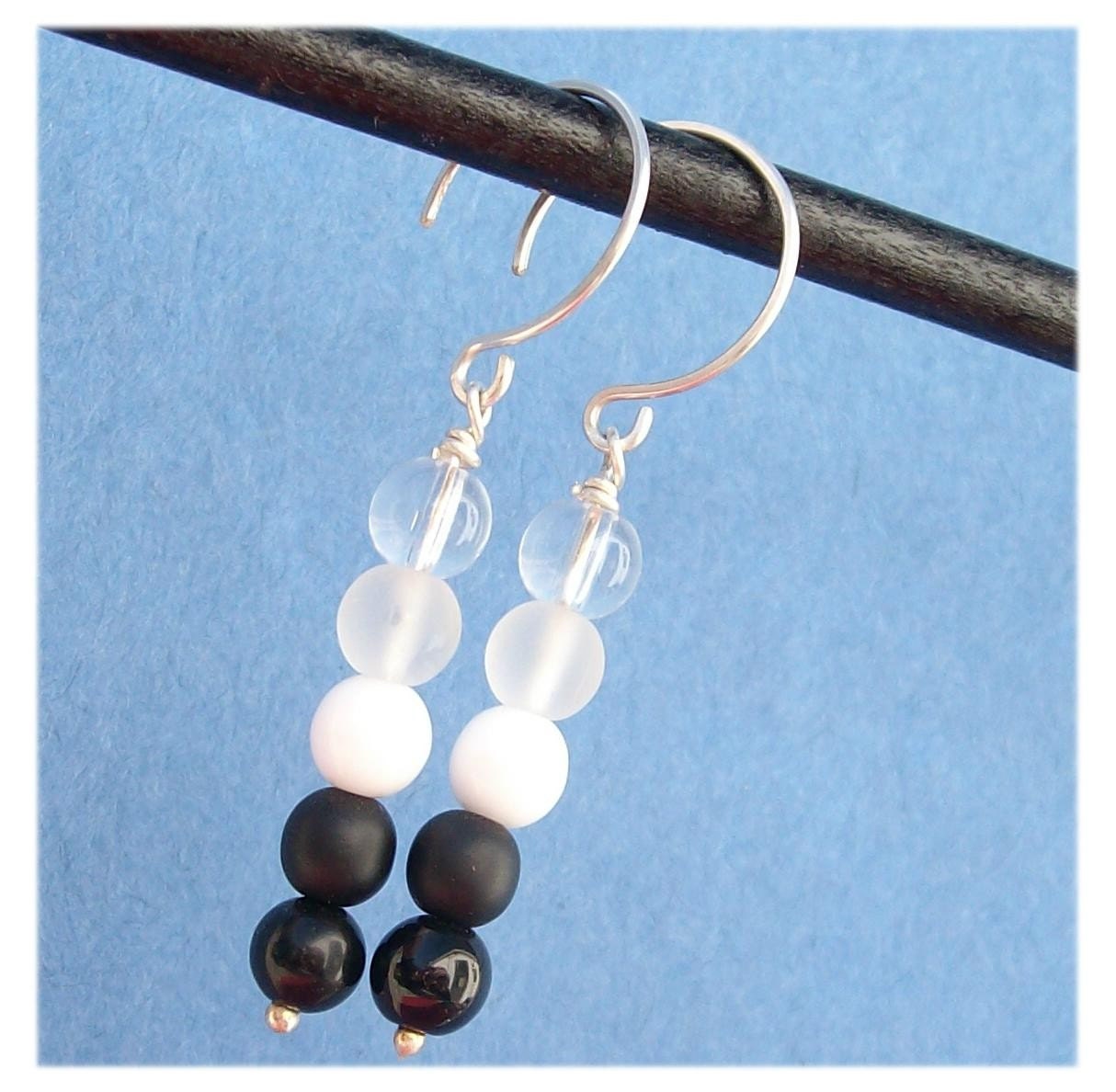 jewelry, earrings, beaded, glass, metal, wire wrapped, bead, black, white, clear, round, stacked, pawandclawdesigns, sterling silver