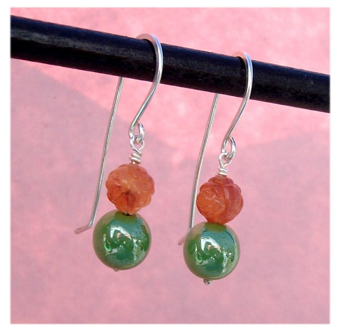 jewelry, earrings, metal, glass, plastic, bead, rose, tomato, red, green, orange, sterling silver, pawandclawdesigns, earring