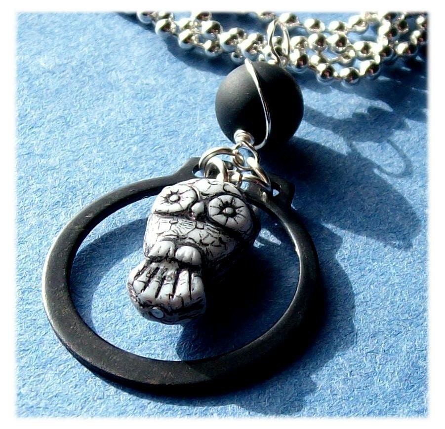 handmade black white owl necklace retaining ring steampunk