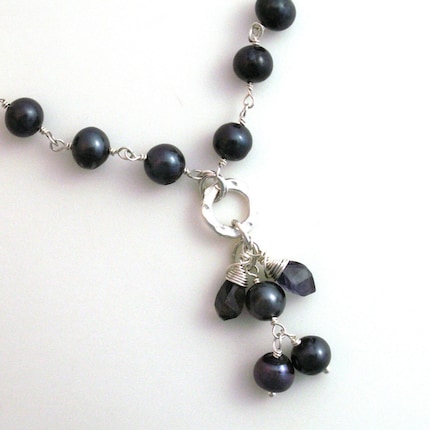 necklace handcrafted jewelry sterling silver dark blue pearls iolite