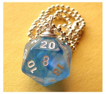 <br />geekery, dice, die, geek, game, dnd, jewelry, necklace, pendant, accessory, dungeons dragons, pawandclawdesigns, sci fi, blue glitter