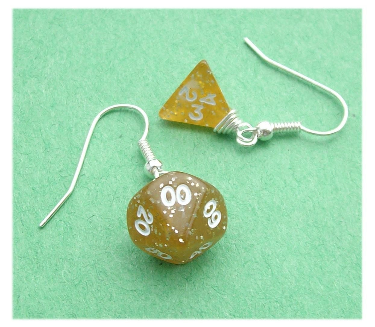 <br />geekery, earring, earrings, wire, silver plated, pawandclawdesigns, d n d, rpg, game, mini, jewelry, dungeons dragons, die, gold glitter