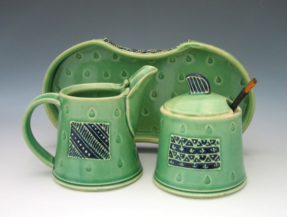 Cream and Sugar set in blue and green inspired by Bollywood
