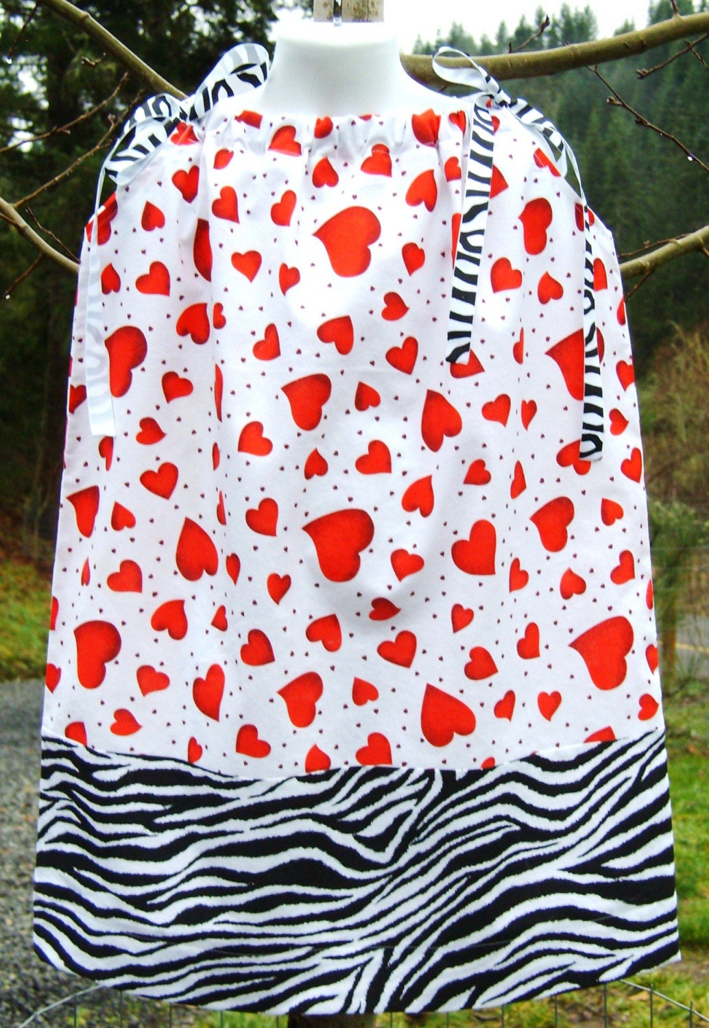 Floating Hearts and Zebra Stripes Valentines Day Girls Pillowcase Dress 12 mos 18 mos 2T 3T 4 5 6 