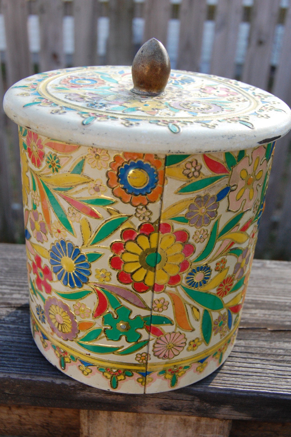 Vintage Tin Canister floral inlay copper metal kitchen retro with lid cream color