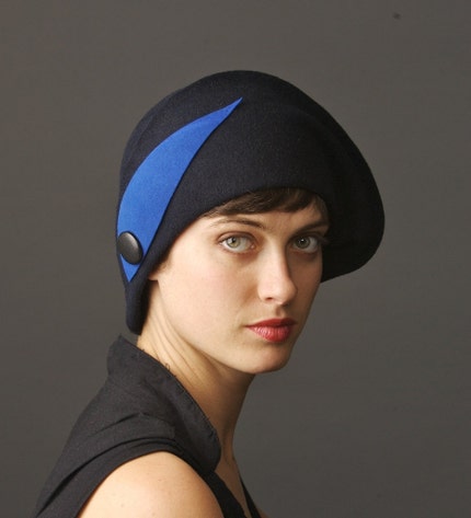 black cloche felt hat with blue ornament, see more hats at www.yellowfield.net