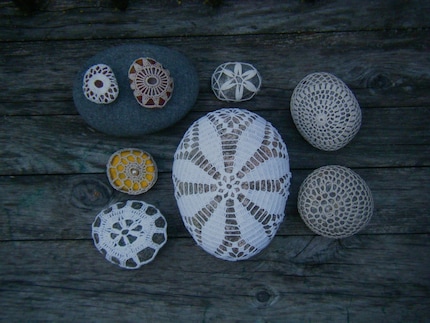 collection of crochet covered stones