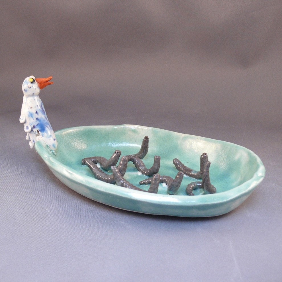 After the Rain Soap Dish - Teal with Speckled Bird