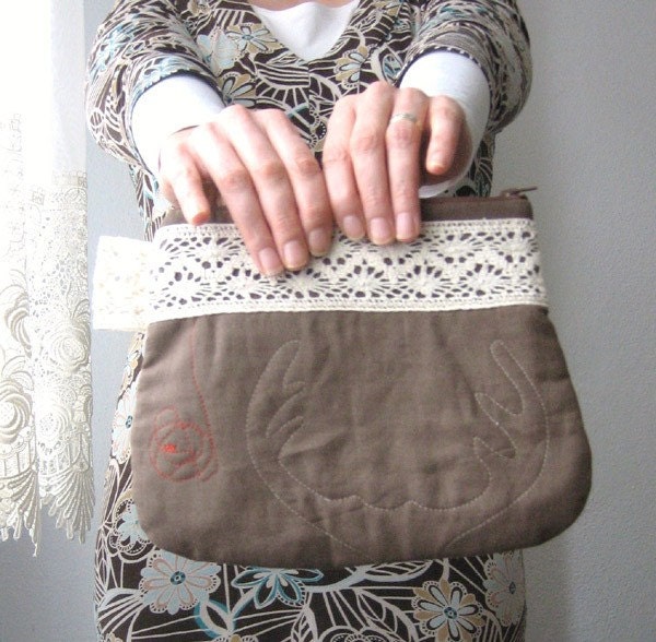SALE Brown lace antler -Linen purse -FREE SHIPPING-