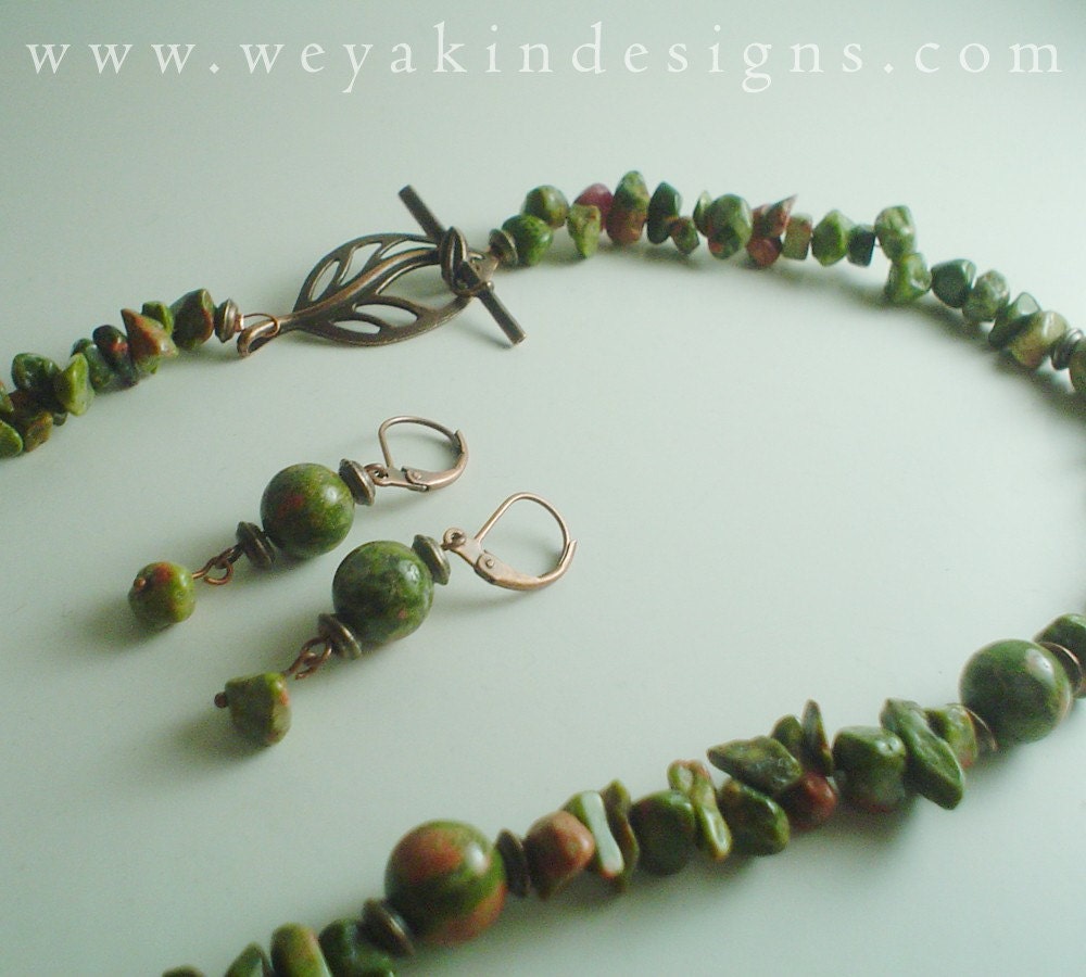 Moss Faerie Unakite Necklace and Earring Set by Weyakin Designs