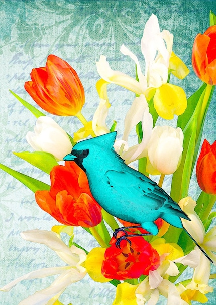 BLUE BEAUTY - Poster print collage with cardinal bird and flowers in vintage style - size 8,268 X 11,693 inches