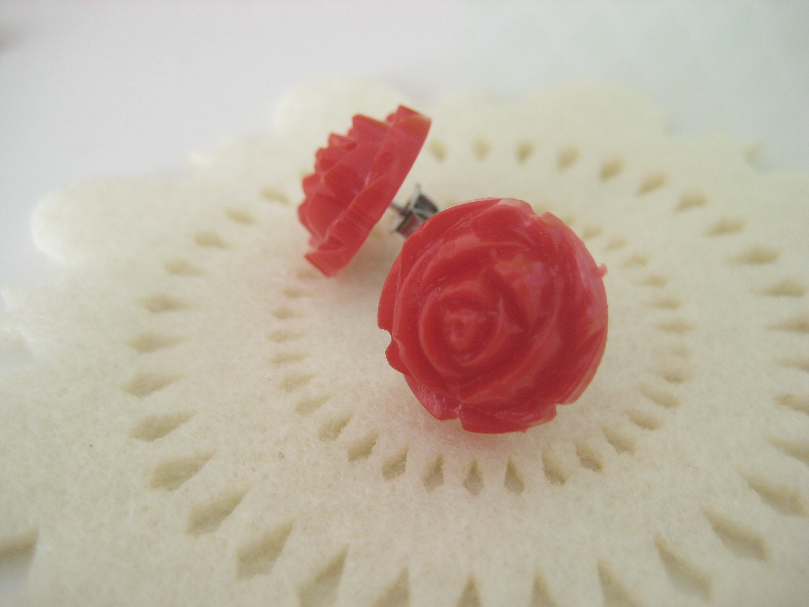 SALE Red carved rose earrings
