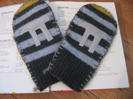 Recycled wool mittens complete with Pi