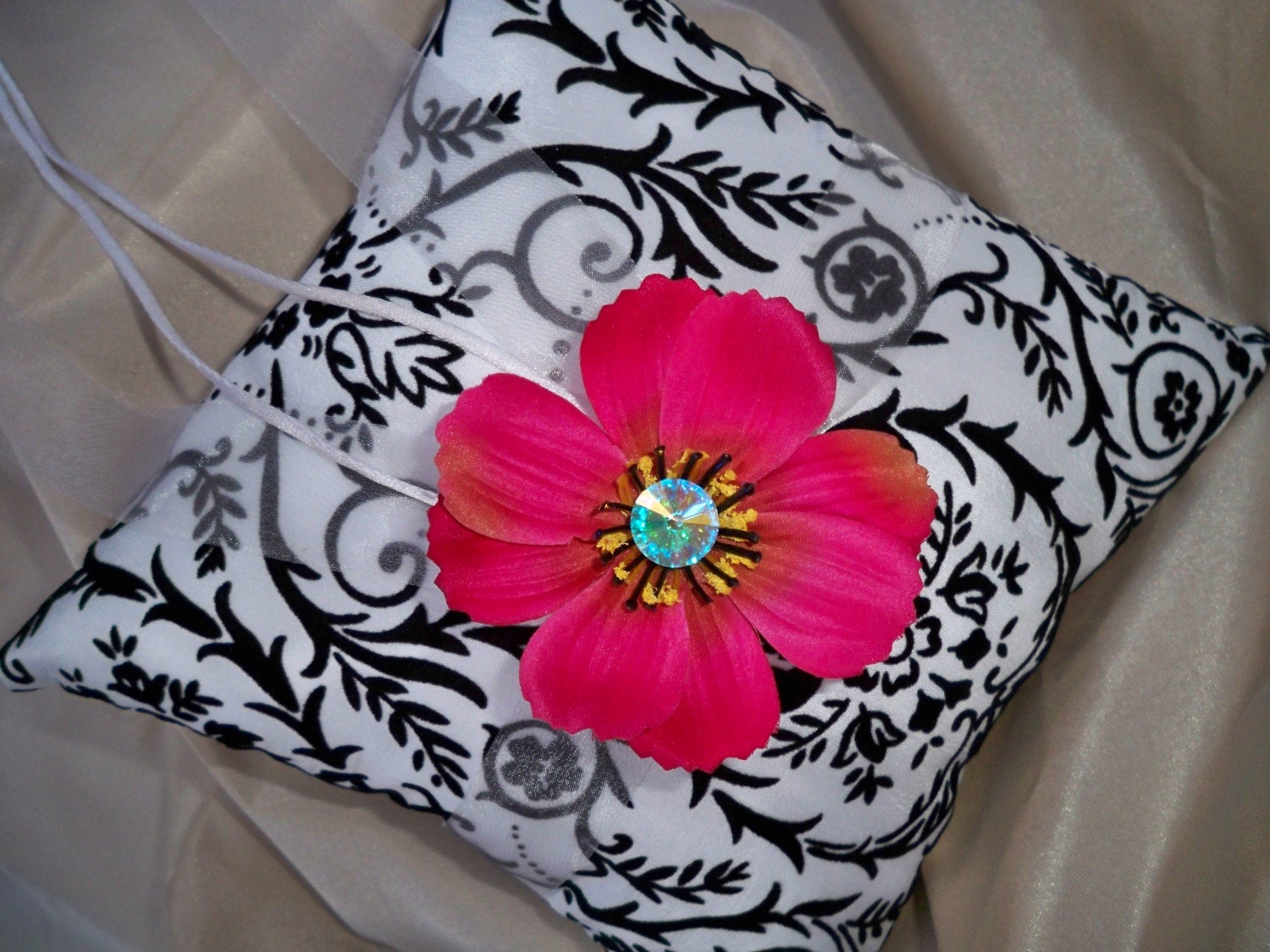 Damask White and Black Wedding Pillow With Hot Pink Cosmos Daisy