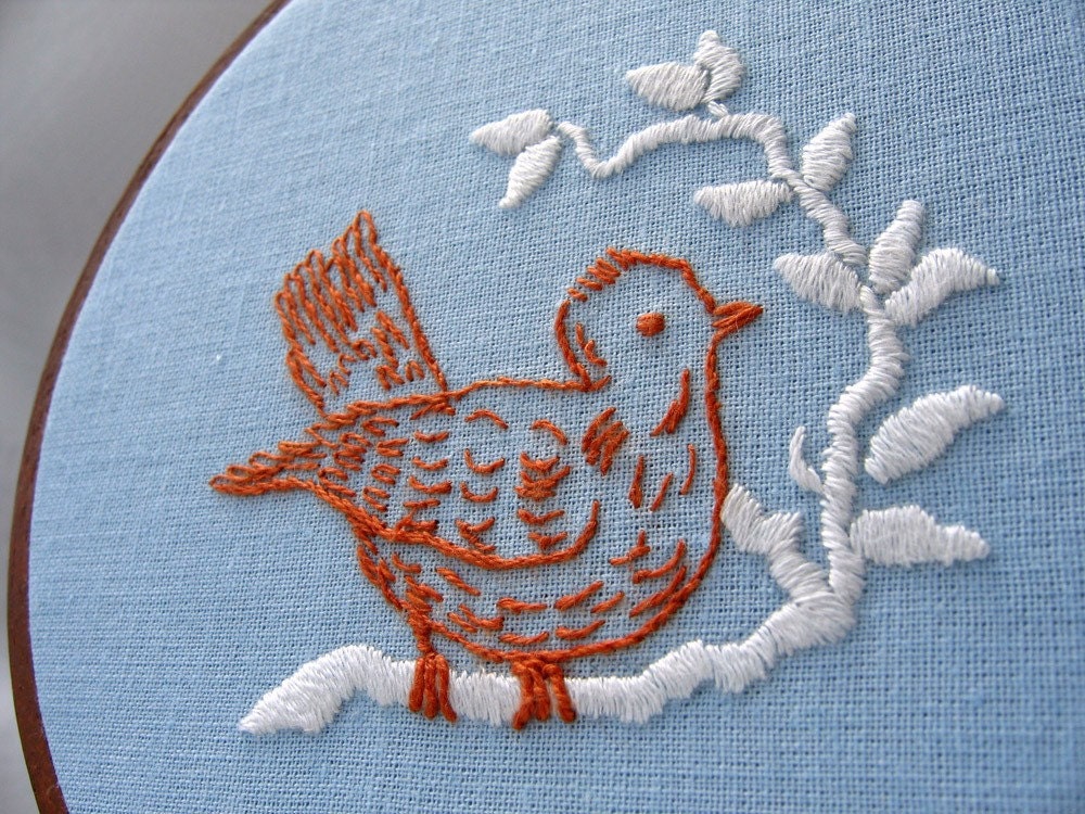 BIRD ON A BRANCH hand embroidered wall art