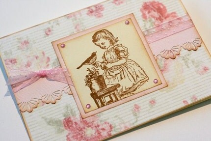 Vintage Style Garden Girl and Bird Greeting Card and Sticker Seal