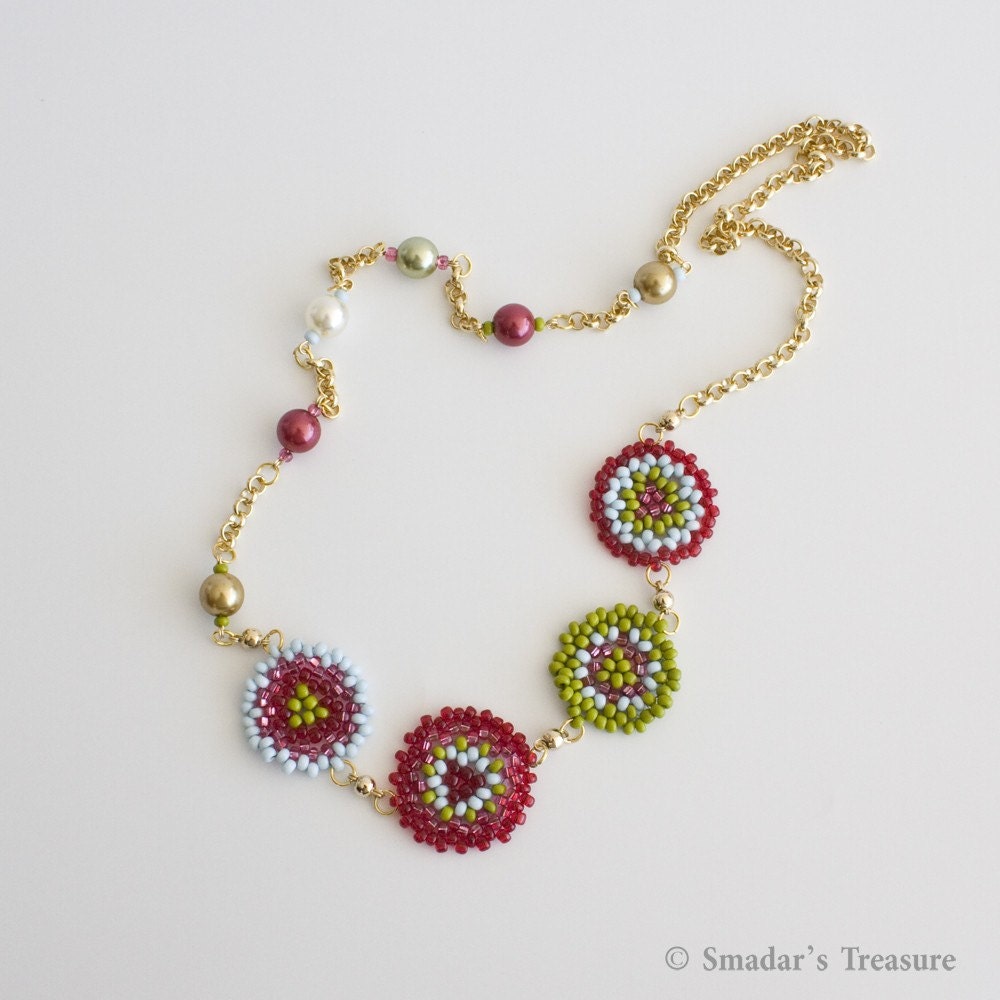 Asymetrical Colorful Necklace with Beaded Flowers