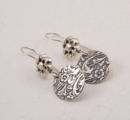 Floral Engraved Silver Circle Earrings