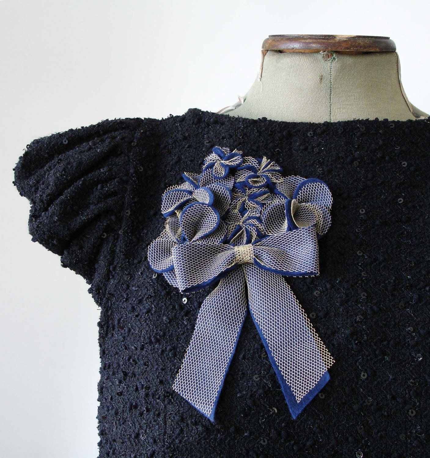 Vintage Look Bow and Blossom brooch, felt and net