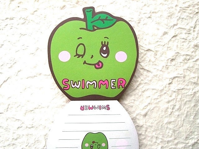 Kawaii Cute Japanese Anime Memo Pad - Swimmer - Cute Glittery Smiling Apple Girl GREEN