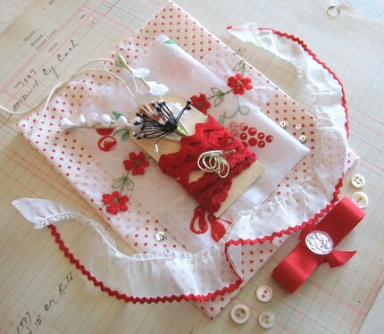 Rockabilly Red and White Vintage Crafting Set -- Polka Dot and Flocked Fabric, Seam Binding, Rick Rack and More