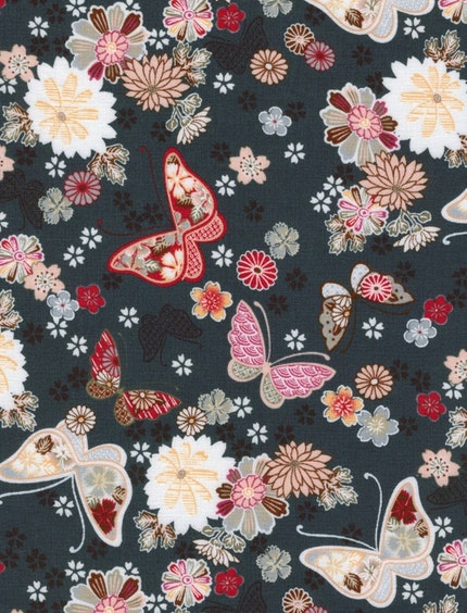 Flowers and Butterflies on Dark Blue - Japanese Fabric Fat Quarter