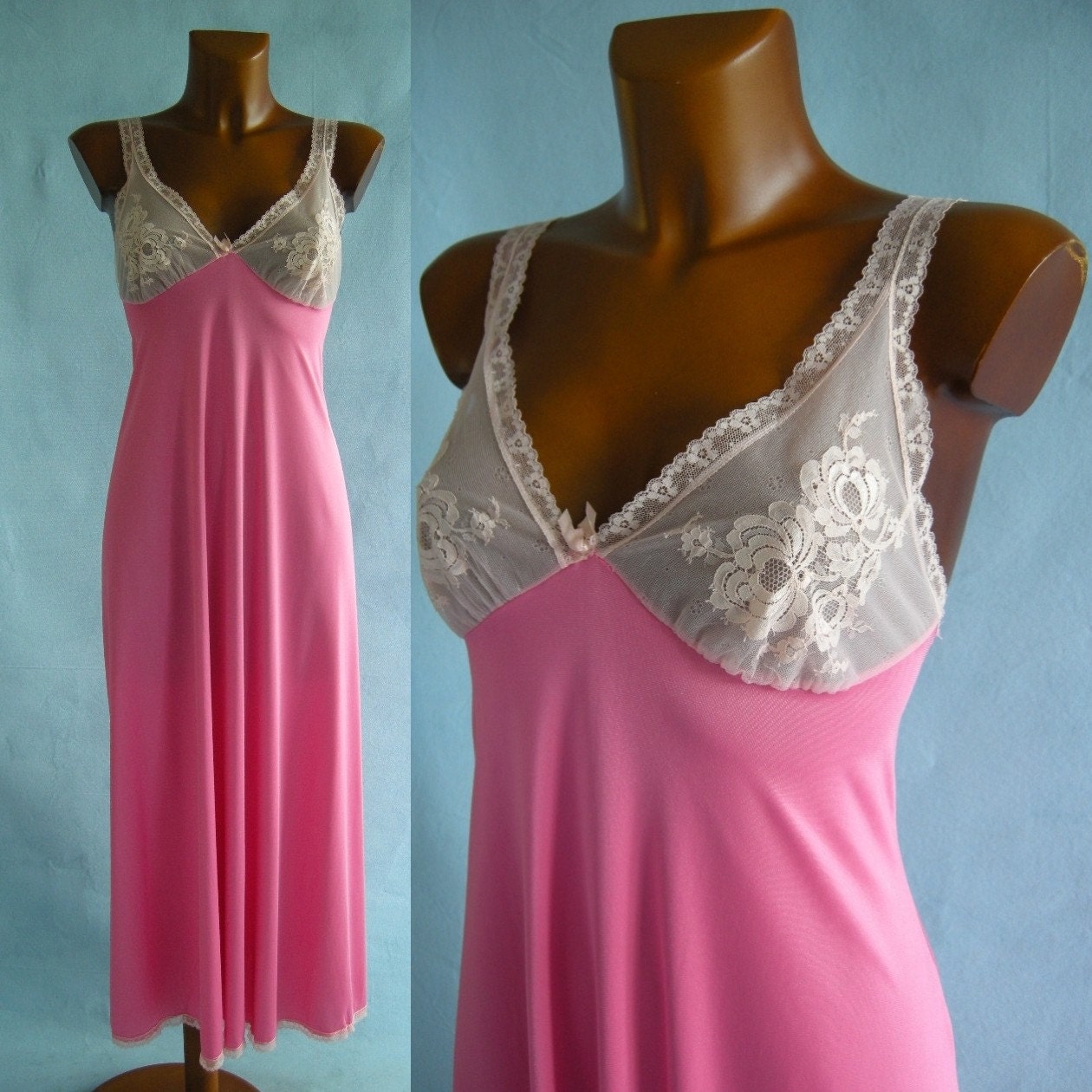 BRIGHT Pink Vintage 70s Nightgown With Sheer Lace Cups Kayser 