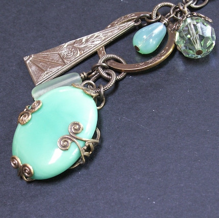 handmade jewelry necklace chrysoprase mint green cabochon brass filigree