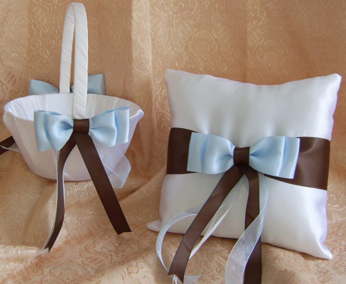 Chocolate Brown And Blue Wedding Flower Girl Basket and Ring Bearer Pillow