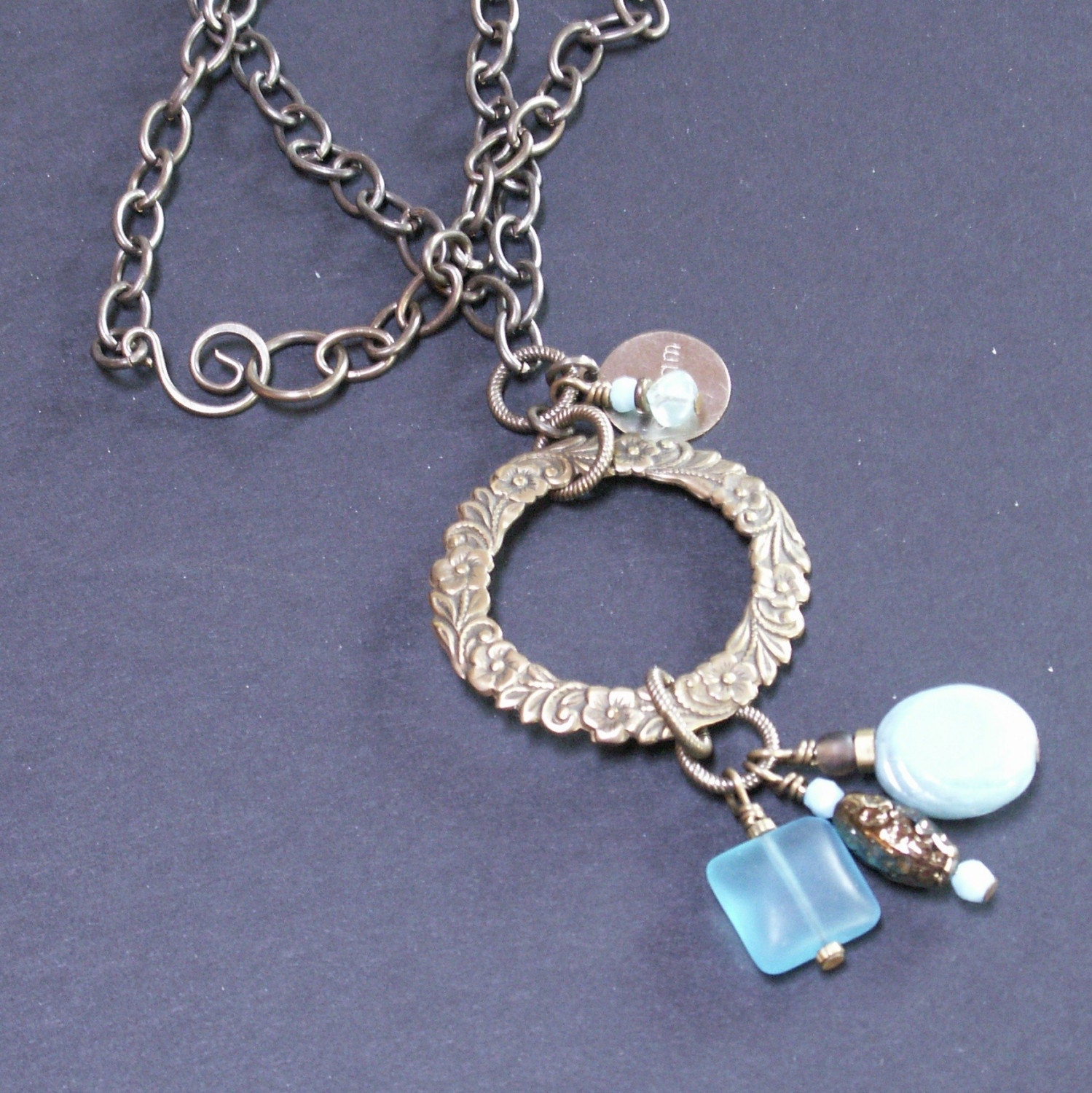 handmade jewelry necklace aqua brass chain glass beads