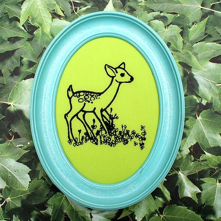 Oval Fame Deer Silk Screened Wall Art baby blue and green