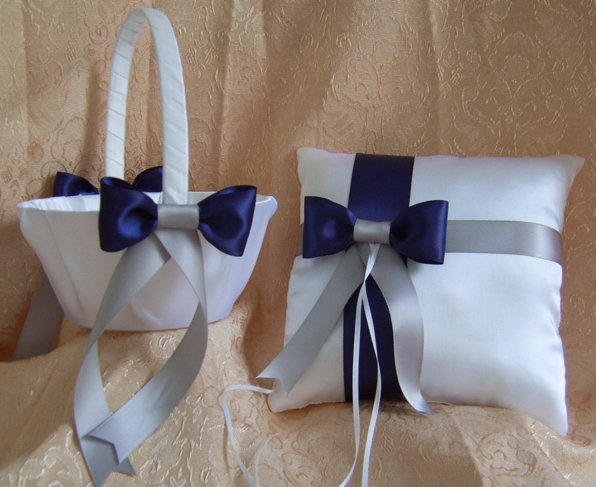 Winter Wedding Navy Blue And Gray Silver Flower Girl Basket And Ring Pillow