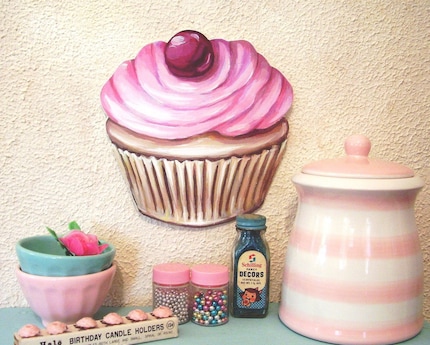 JUMBO Original Art PINK frosted CUPCAKE with Cherry Bakery Diner inspired diecut vintage kitchen sign