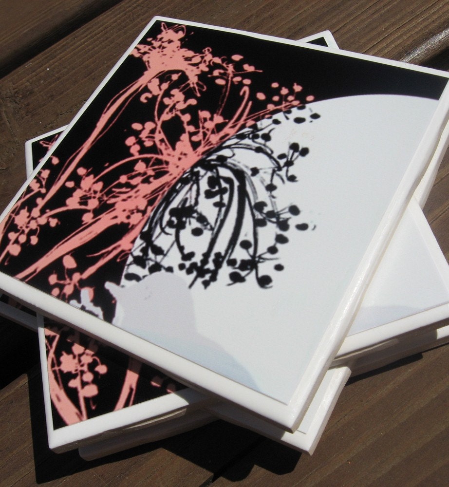 pink and black flower coasters (set of 4)