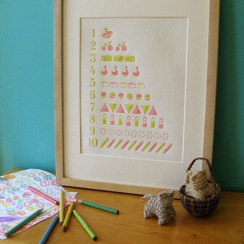 Letterpress counting poster in green and pink