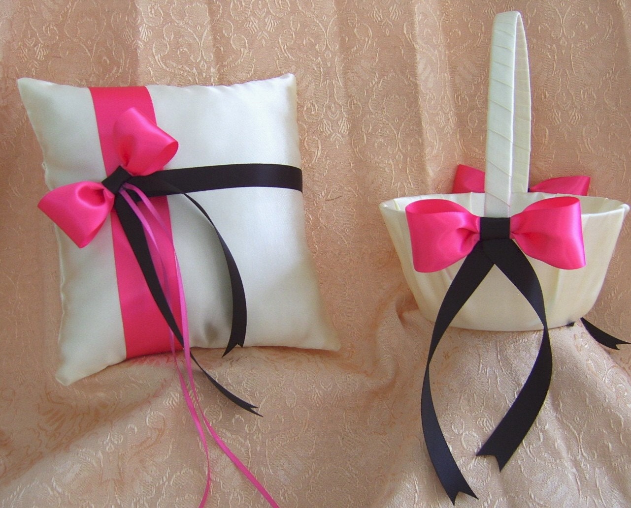 Black and Fucshia Hot Pink Wedding Flower Girl Basket And Ring Pillow Set