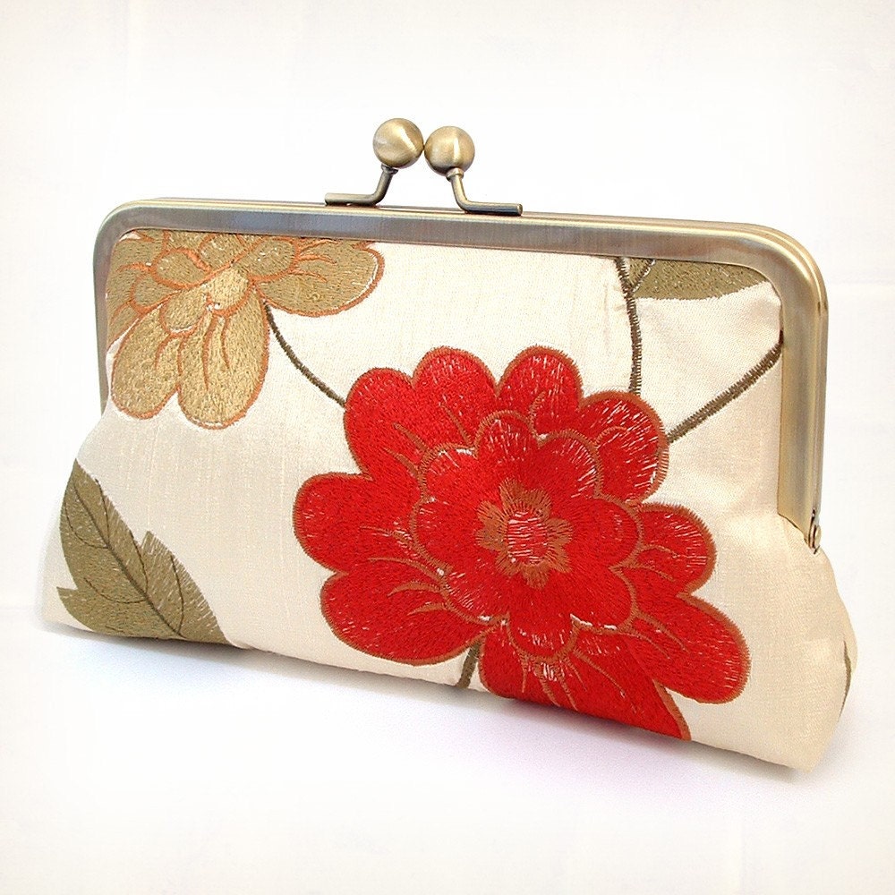 Champagne and ruby bloom -  luxury silk clutch bag