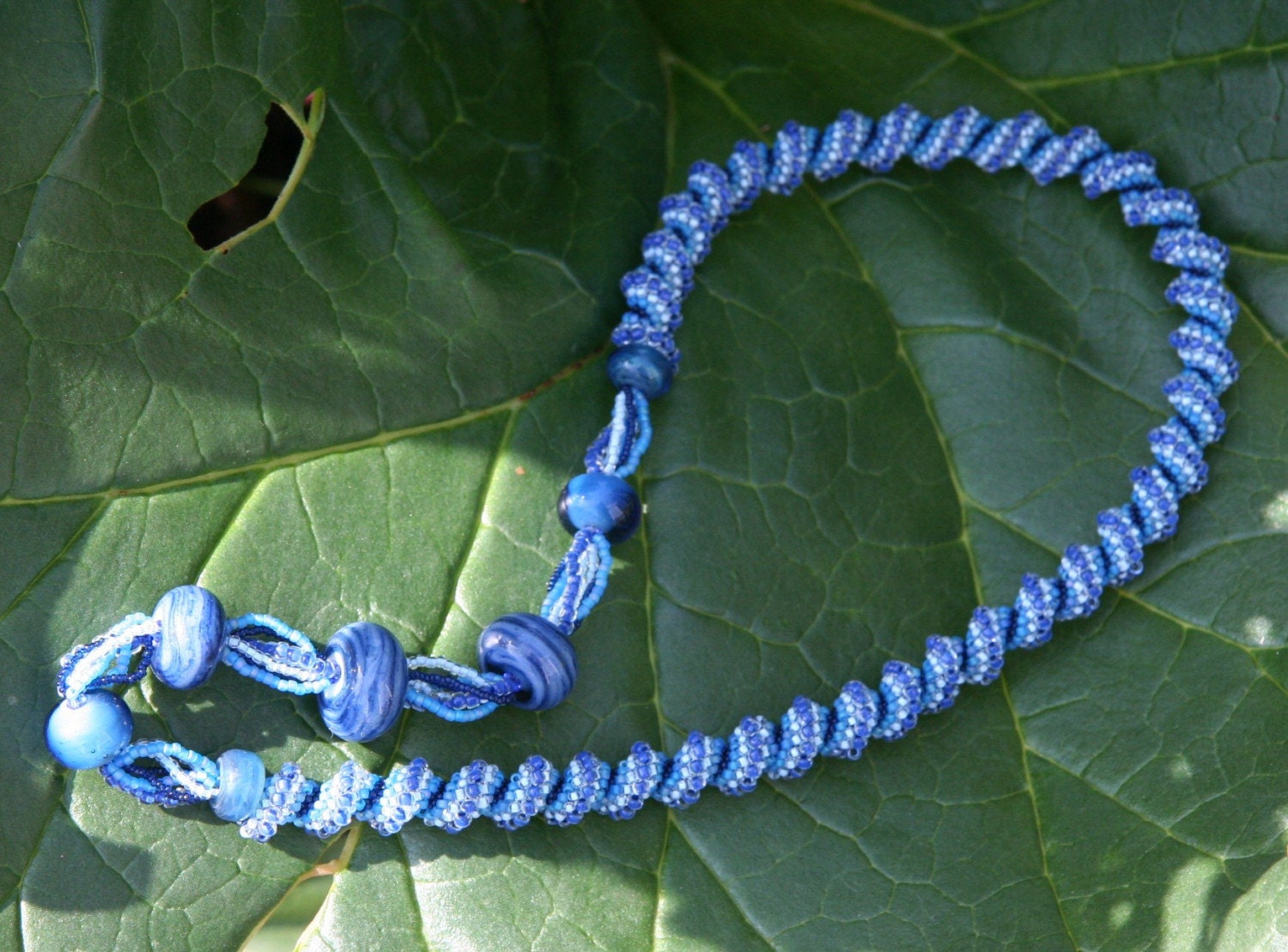 Blue Convertible Beadwoven Cellini Spiral and Lampwork Necklace