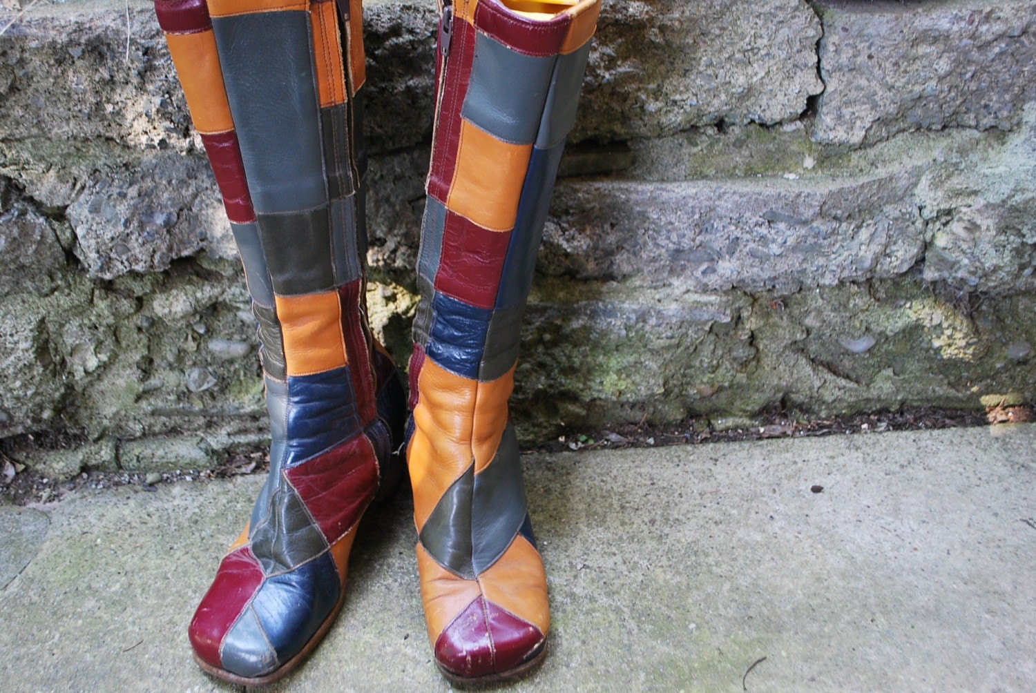 Ultimate Vintage Leather Patchwork Boots With Stacked Wood Heels 8.5 9